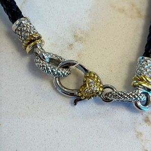 Judith Ripka fine jewelry braided leather necklace. Sterling, 18k, pave diamond
